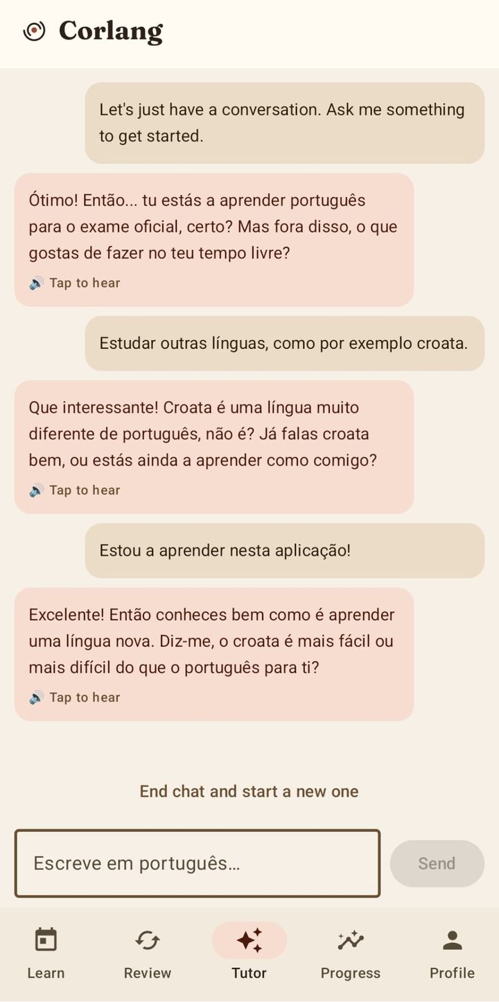 The AI tutor correcting a sentence in Portuguese