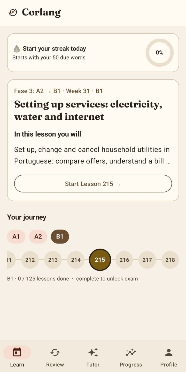 The Corlang Learn tab in the light theme