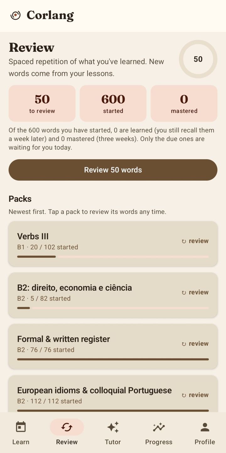 The Review tab, with words due today and the packs behind them